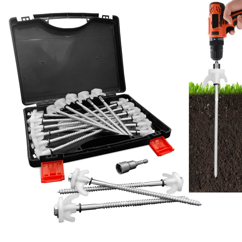 KriToy 20 Pack Tent Stakes Heavy Duty - 8"" Ground Anchors Screw in - Camping Stakes with Grow in The Dark Heads - Metal Threaded Tent Spikes with Hex Head Driver and Storage Box - Image 1